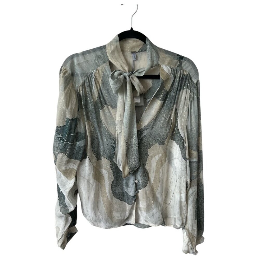 Anthropologie Bl^nk Grey Marble Print Neck Tie Semi Sheer Moira Shirt NWT - Picture 6 of 13